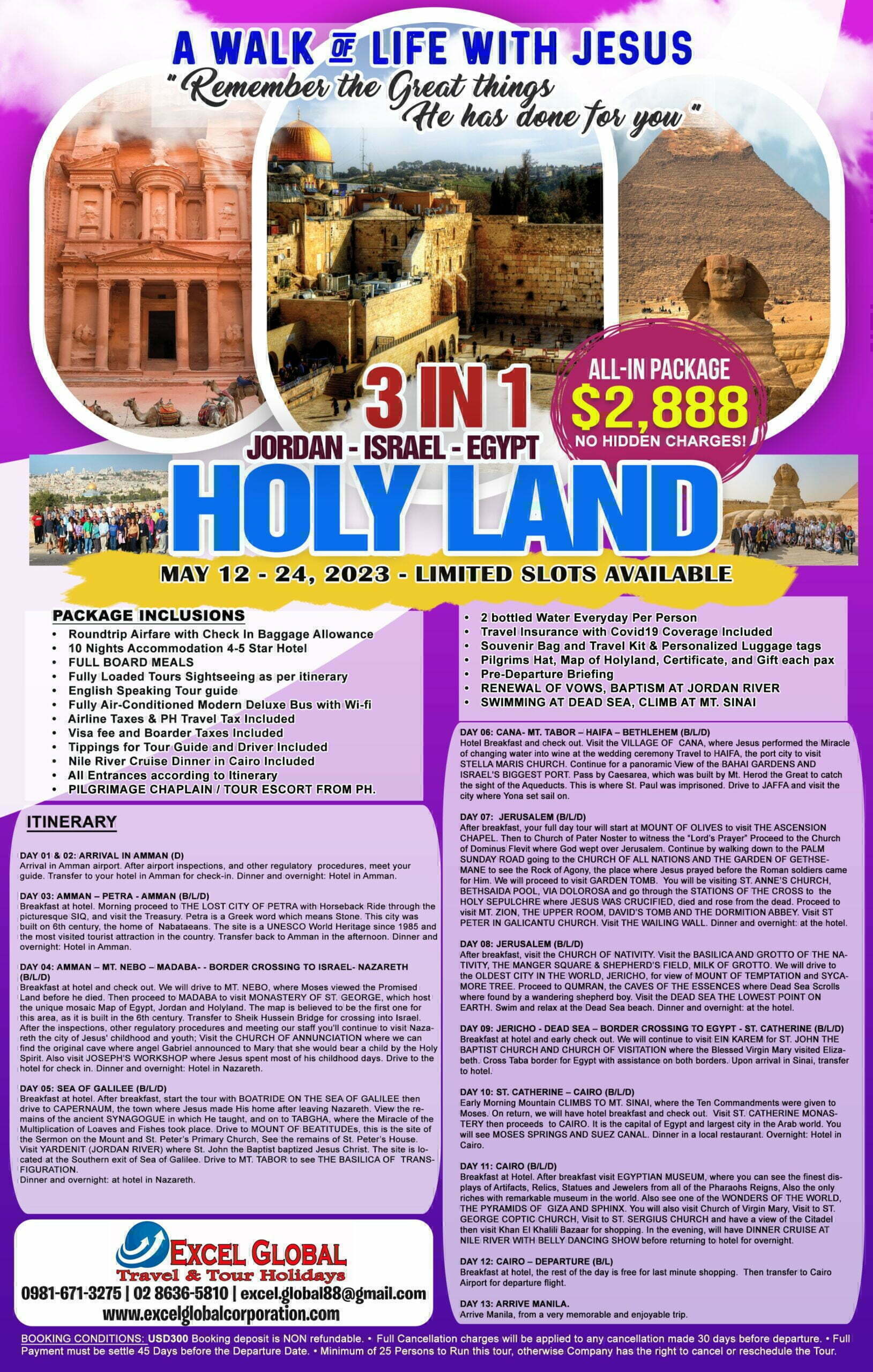 Once in a Lifetime Unforgettable Experience Visit the Sacred place where Jesus was Born, Live, Died and Rose Again,  BE BLESSED and RECEIVE MIRACLES. ‼A WALK OF LIFE WITH JESUS‼ 3 IN 1 HOLY LAND PILGRIMAGE TOUR 2023 (JORDAN – ISRAEL – EGYPT)