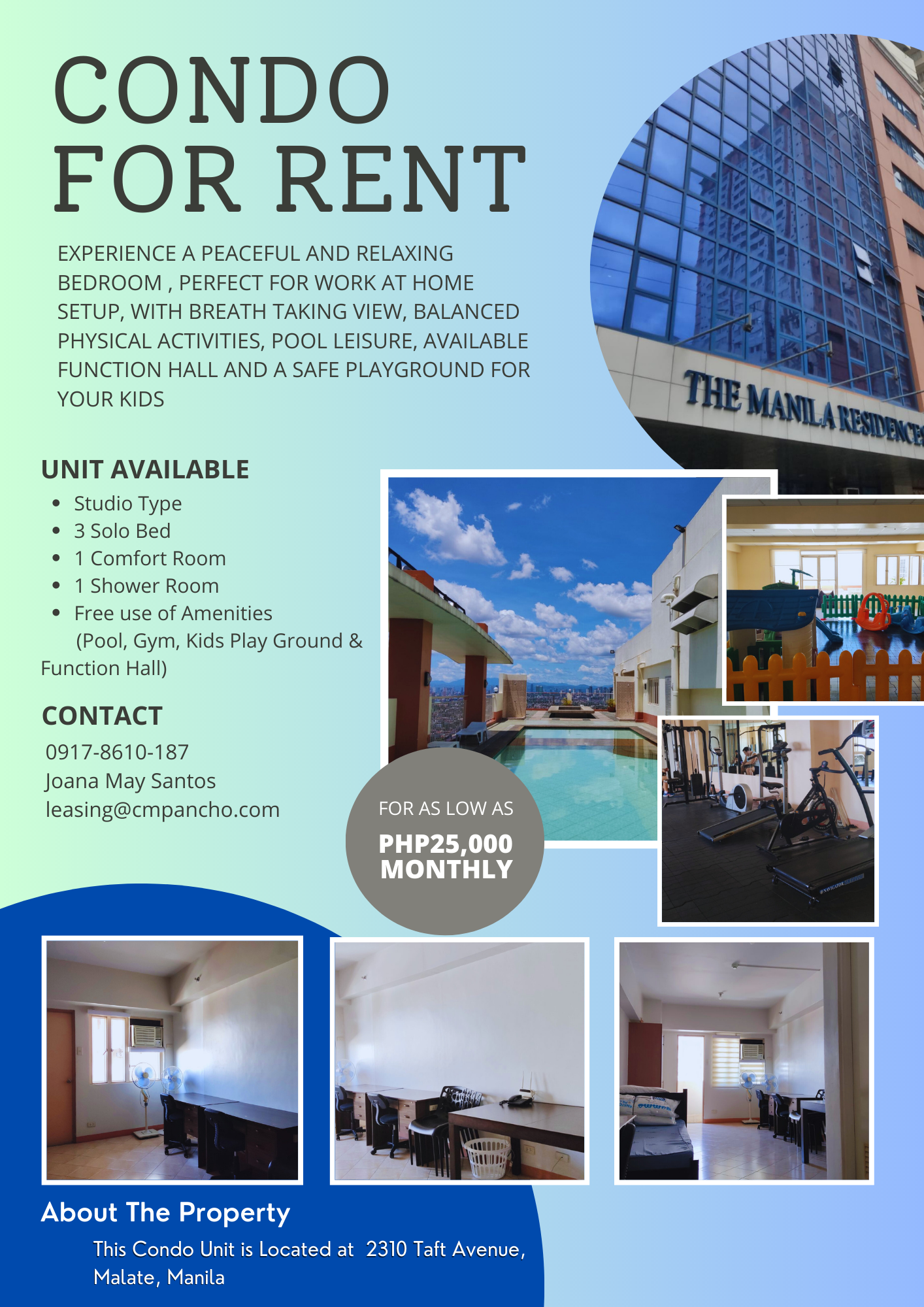 Condo Unit for  Rent The Manila Residence