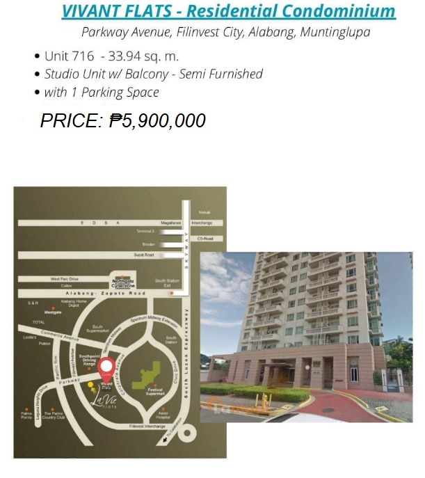 Condo Unit for Sale in Vivant Flats, Alabang STUDIO UNIT W/PARKING 5.6M